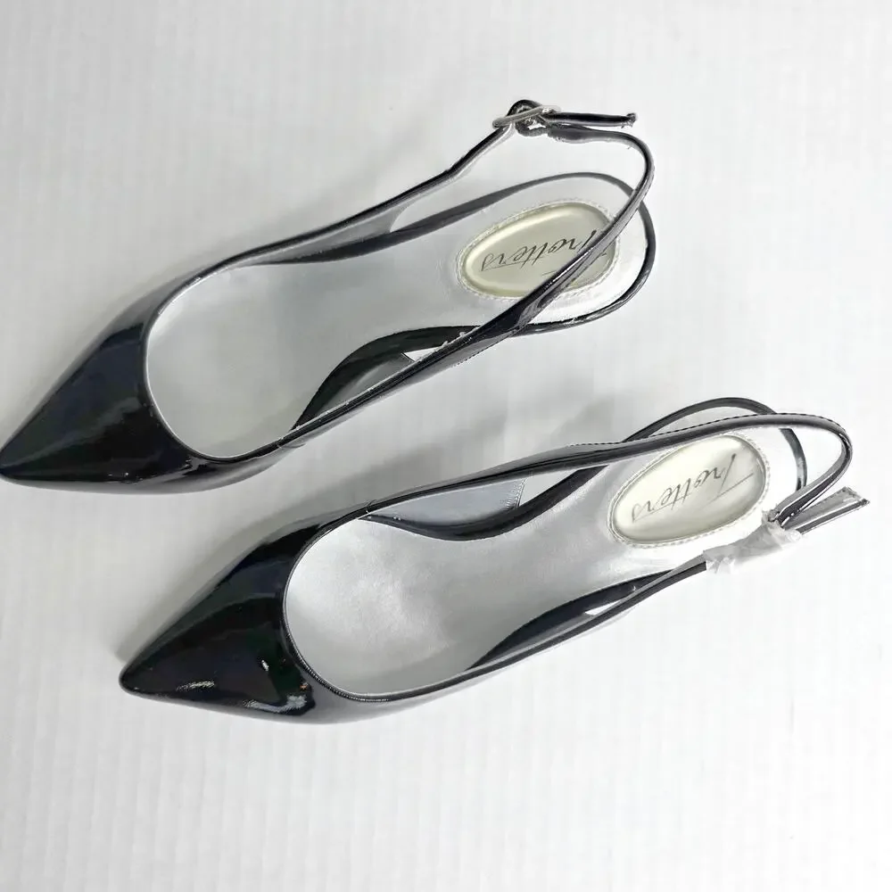 Trotters Black Patent Slingback Kitten Heels Size 6 W Pointed Toe Pumps Office - Picture 2 of 13